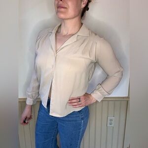 Vintage Nicola Womens Beige Cream Button Front Pleated Collared Blouse Size M